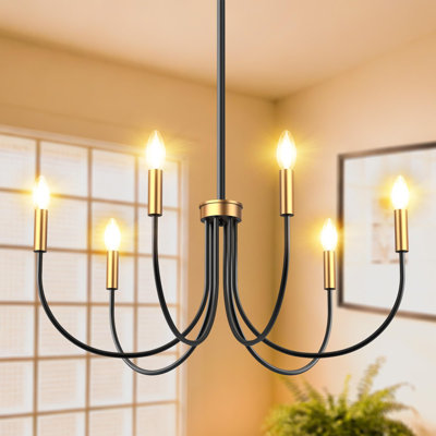 Farmhouse Chandelier Light Fixture, 6-Light Adjustable Hanging Pendant With E12 Sockets For Kitchen Island, Dining Room, Bedroom, Entryway And Foyer, Modern Rustic Black And Gold Finish