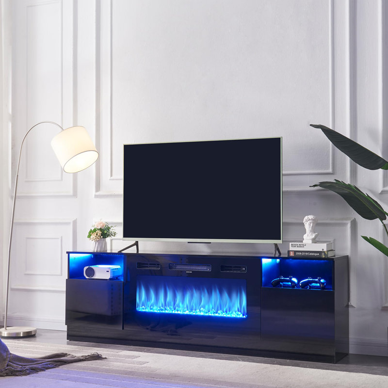 Black 70'' TV Stand with 36'' Electric Fireplace and LED Lights