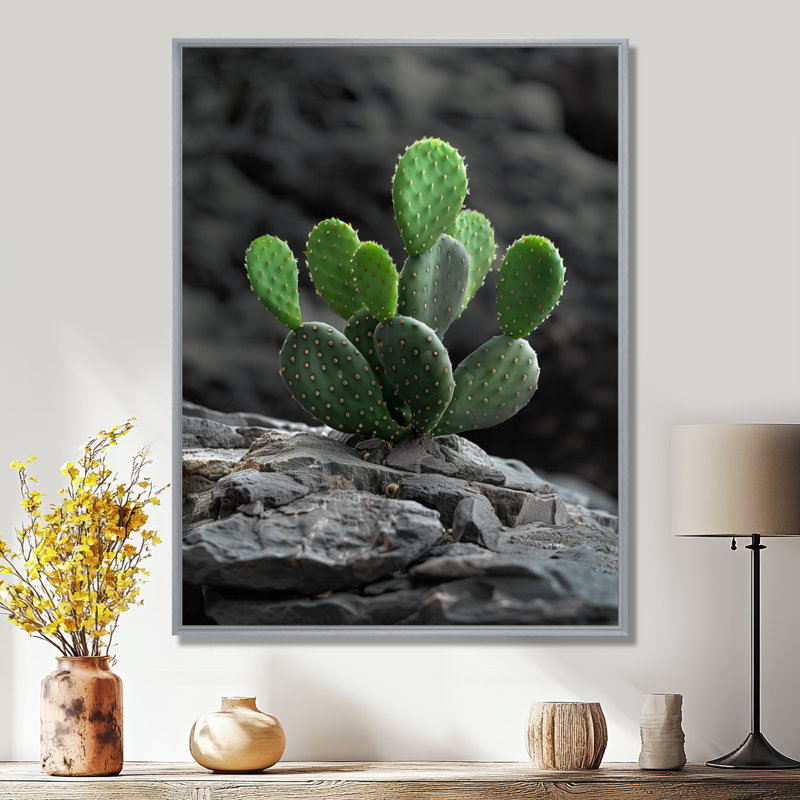 Vert, gris, désert, cactus, falaise rocheuse - cactus floral, salon d'art mural, Toile argentée avec cadre flottant