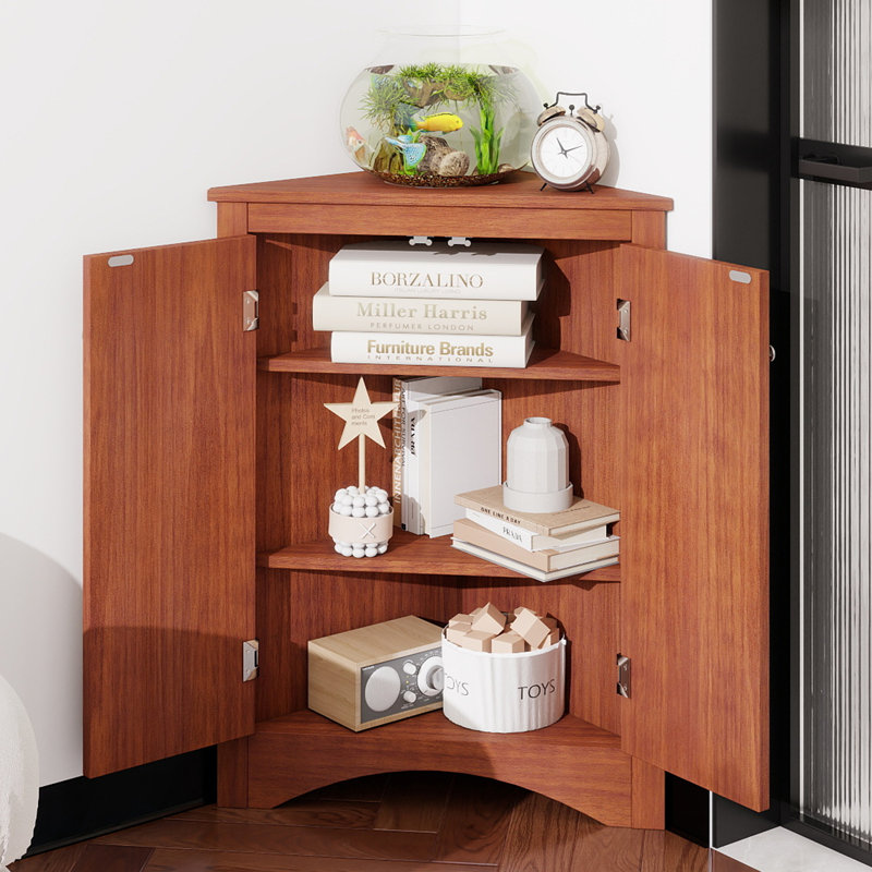 Brown Triangle Bathroom Storage Cabinet With Adjustable Shelves, Freestanding Floor Cabinet For Home Kitchen, Brown
