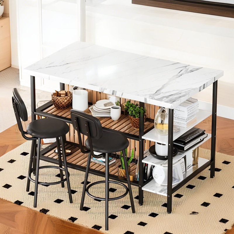 Ensemble de table et chaises de salle à manger 3 pièces pour 2 personnes, îlot de cuisine avec petite table de salle à manger avec 5 tablettes de rangement, table bistro moderne et chaises avec 2 tabourets de pu pour appartement, petit espace