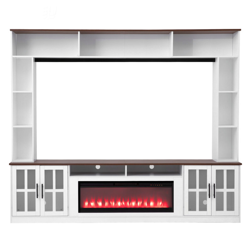95.5" W Wall Unit Entertainment Center with Bookshelves for TVs up to 80", Modern TV Stand Media Console with Cabinets,  Tempered Glass Doors and Adjustable Shelves for Living Room