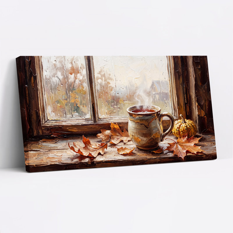 Tasse fumante et feuilles d'automne sur une toile murale pluvieuse d'Halloween, L 32 po x H 16 po