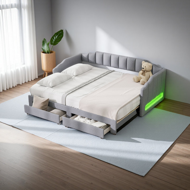 Twin XL Size Extendable Upholstered Daybed With Two Storage Drawers And LED Light, Gray