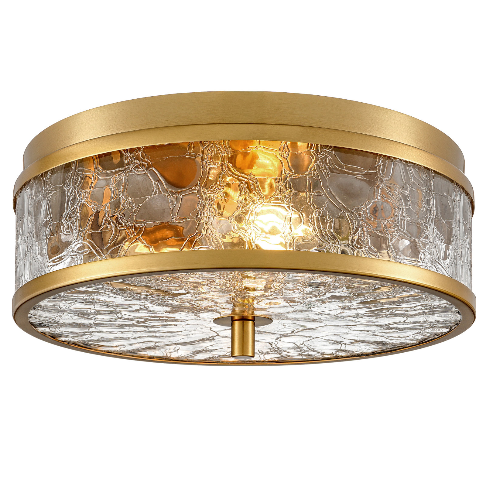 2-Light 12” Flush Mount Ceiling Light With Crackle Glass Shade, Brushed Gold