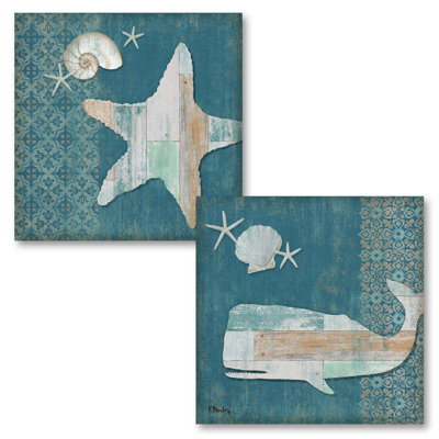 " Distressed Beach Décor Starfish, Shell & Whale Nautical " by Paul Brent 2 - Pieces