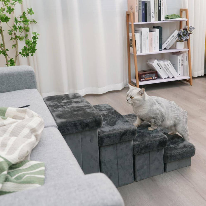 Charcoal Plush 4-Level Pet Stairs with Storage