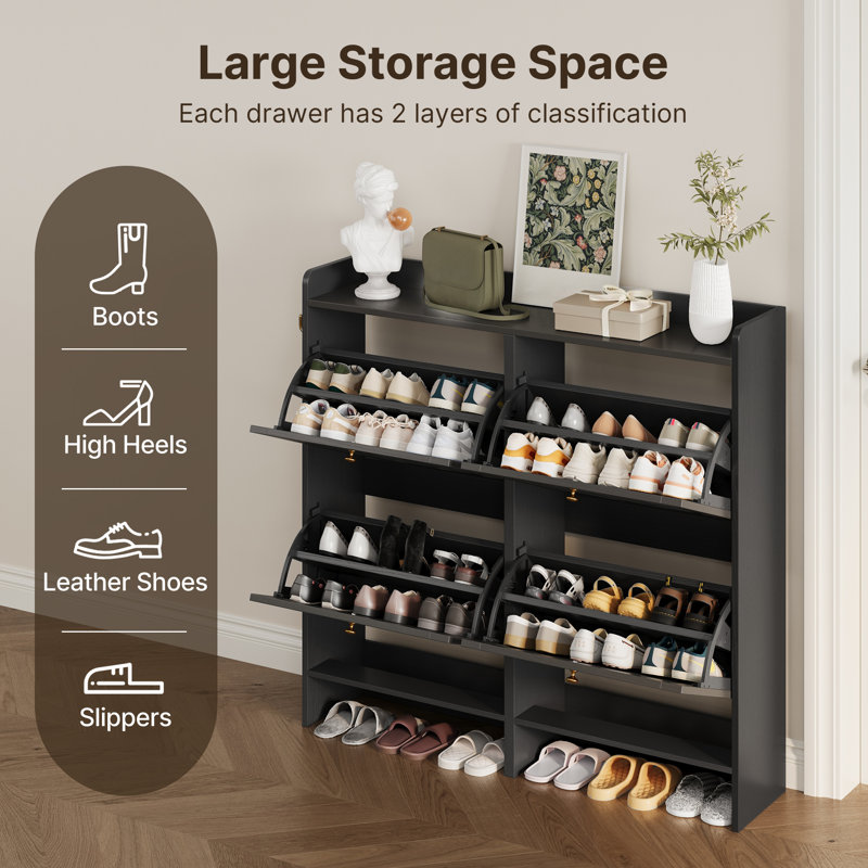 30 Pair Freestanding Large Capacity Shoe Cabinet With 4-Drawer Flip-Front Shoe Storage Cabinet.  , Black, 4 Flip Drawers