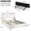 Structure de lit grand format en métal blanc avec tête de lit ergonomique, prises de recharge et aucun sommier pour cadre de chambre à coucher confortable, métal, similicuir, tablette de rangement-121076995-121076993