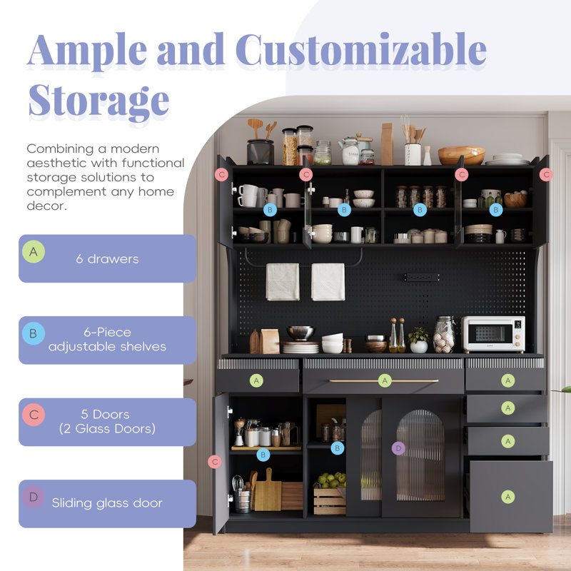 Freestanding Buffet Cabinet With Tray 5 Cabinets With Adjustable Shelves, Pegboard, Towel Rack, Electrical Outlet, Black