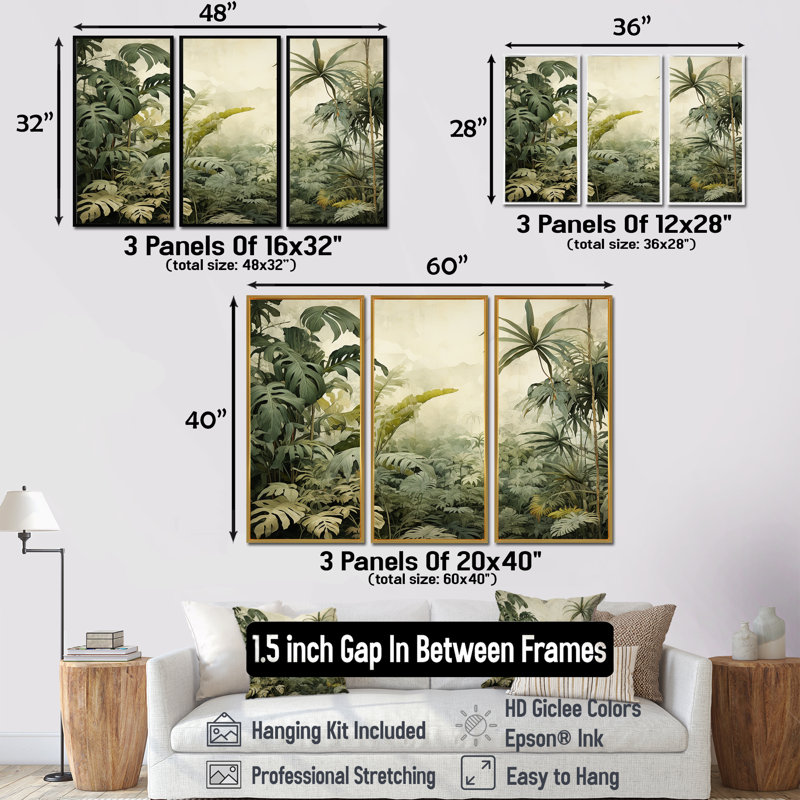 «Vintage Jungle Landscape», ensemble d'art mural sur toile Jungle, H 32 po x l 48 po x P 1 po, Cadre flottant blanc