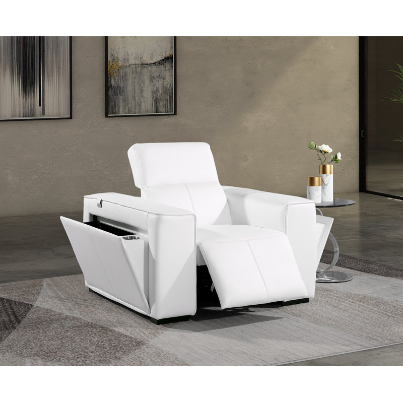 Top Grain Italian Leather Power Reclining Arm Chair with Power Headrests, White Genuine Leather