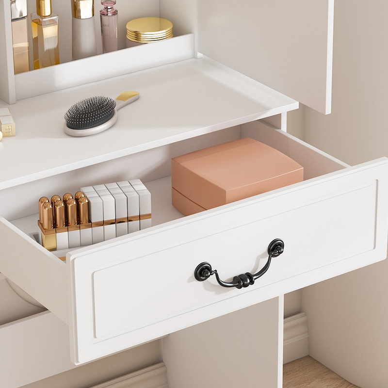 Mini coiffeuse moderne avec miroir éclairé à DEL et rangement dissimulé, tabouret rembourré, bureau de coiffeuse à luminosité réglable, tablettes à plusieurs niveaux résistantes à la poussière