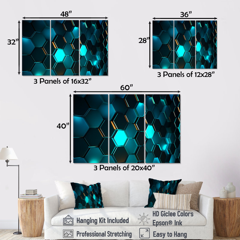 Hexagone turquoise - ensemble de salon géométrique, Toile tendue, H 32 po x l 48 po x P 1 po