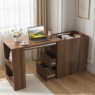 Bureau d'ordinateur avec tiroirs, rangement de coin moderne pour bureau à domicile avec table extensible, bureau d'écriture bureau pour la maison, le bureau