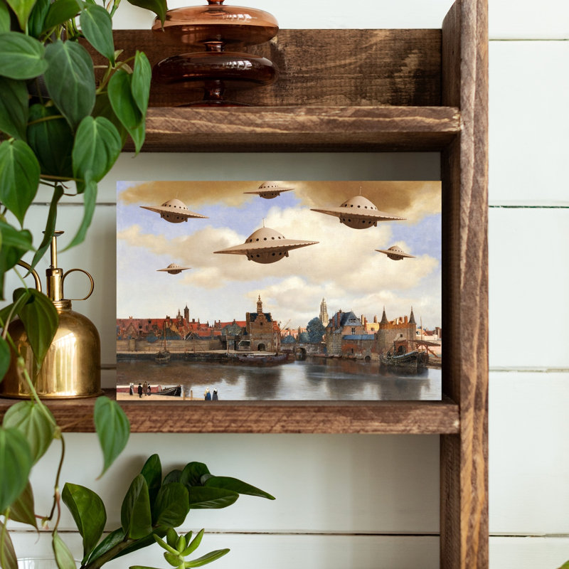 Ufos Over Historic City Classic Retro Surreal City Architecture Wall Art Print by Marja Van Den - Wrapped Canvas Print