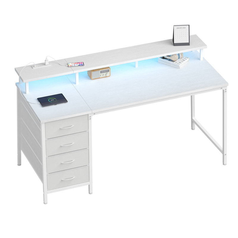 Bureau fixe 40 po blanc, 4 tiroirs + tablette de rangement avec lumière DEL et multiprise, Blanc, 34" H x 40" W x 19.7" D