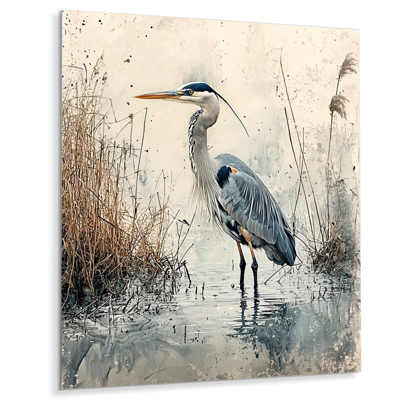 «Relaxing Heron In The Marsh - Heron», art mural moderne en métal, H 40 po x l 30 po