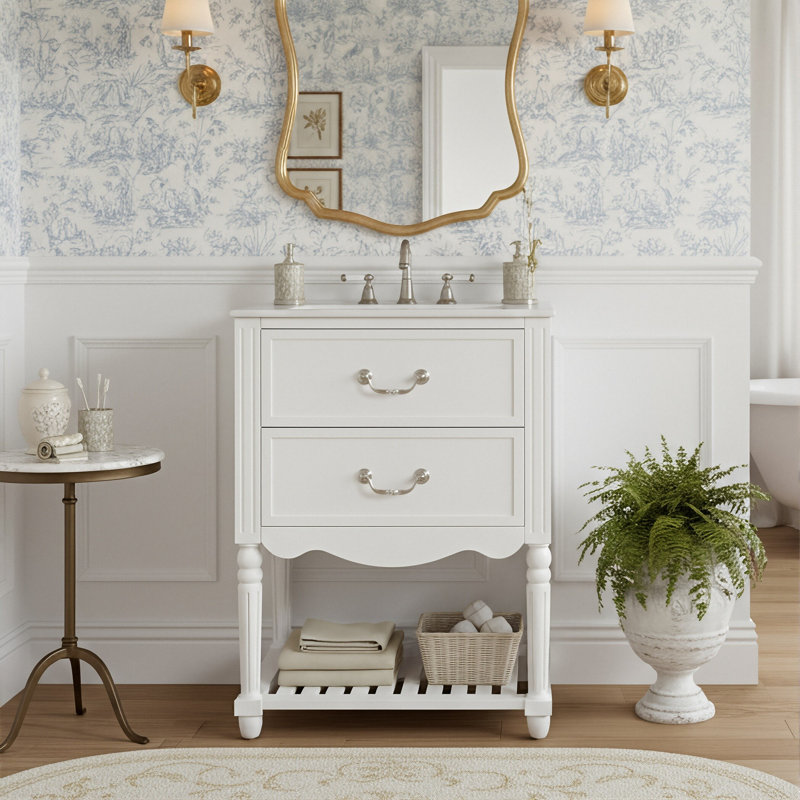24" Freestanding Bathroom Vanity With Ceramic Sink, Vintage Palace Style Vanity With Carved Legs And Elegant Wave Design