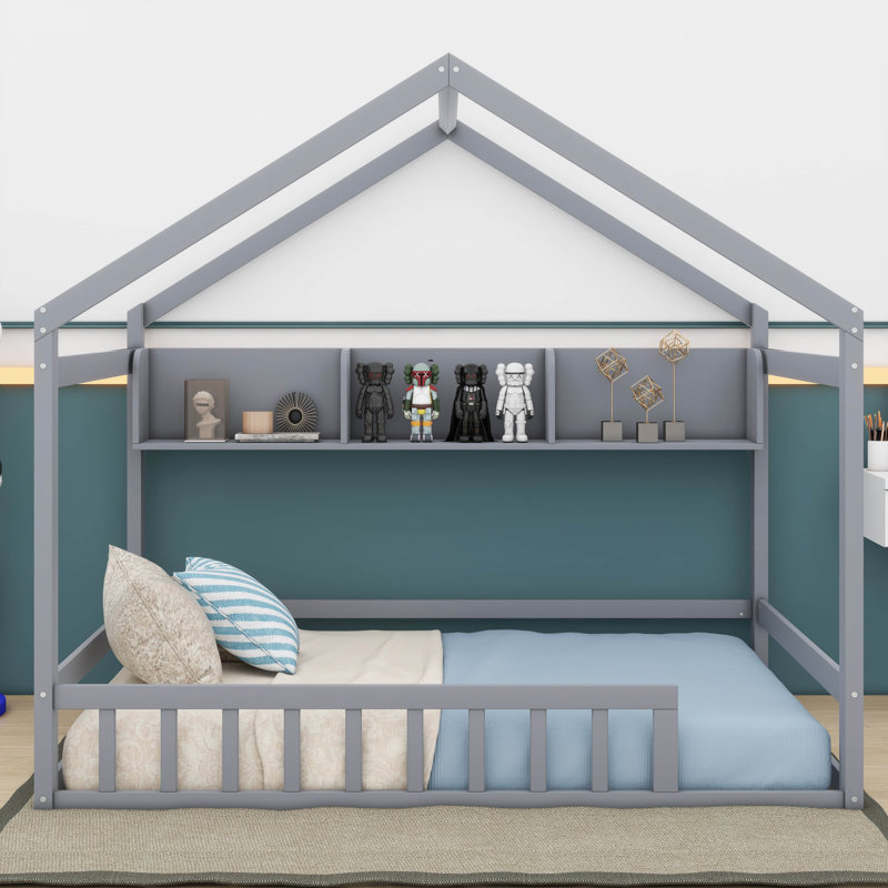  Lit en bois avec tablette de rangement Alexisia, gris
