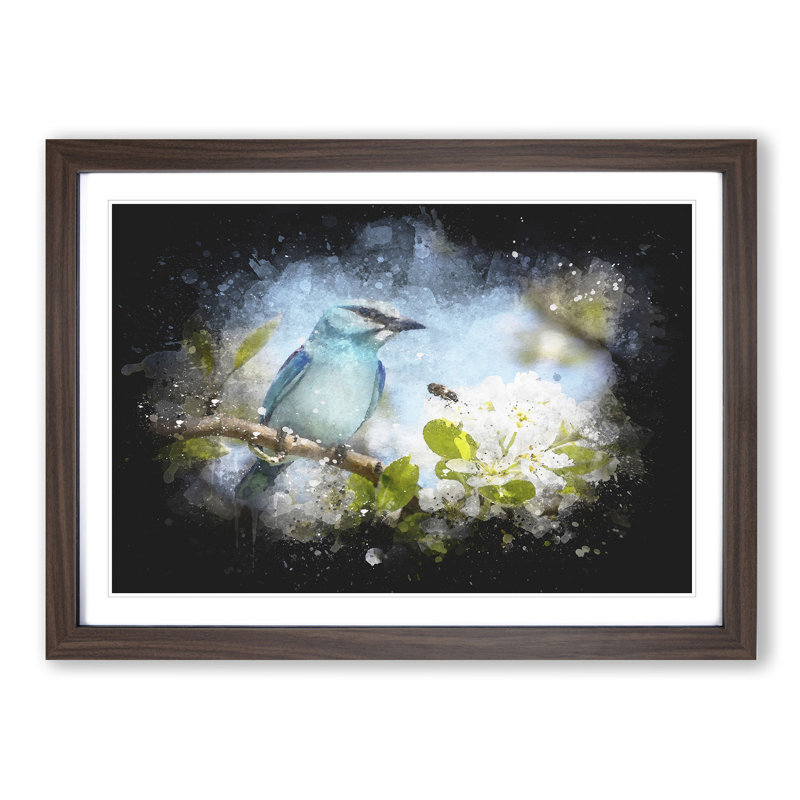 Blue Bird and Cherry Blossom Tree - Picture Frame Painting Print, 24cm H x 33cm W x 2cm D, Walnut Framed
