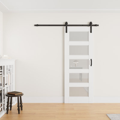 28" × 80" Wood Glass Sliding Barn Door with Finished Surface, Ready to Use All Installation Hardware Kit Included, Can Be Repainted, No Assembly Required