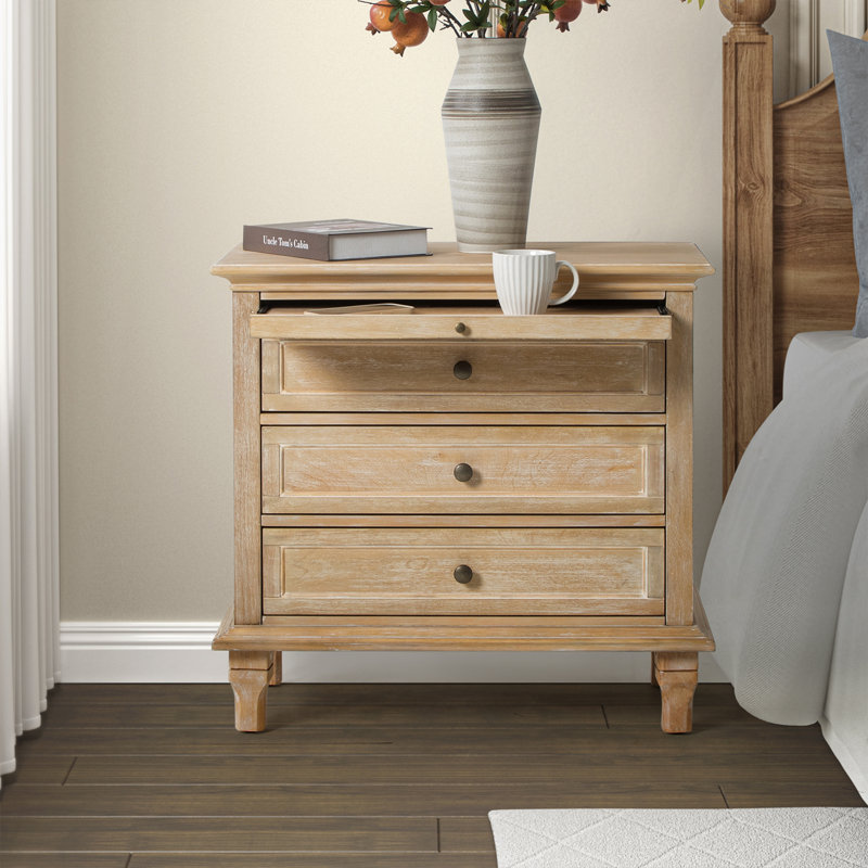 Arthelia Traditional 3-Drawers Nightstand with Built-in Charging Station and Pull-out Shelf