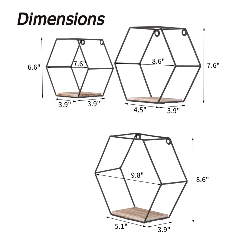 Wall Mounted Hexagonal Floating Shelves, Modern Storage Solution For Bedroom And Living Room, Simple Wood Partition Rustic Look Black Shelves Of 3, Shape, Ideal Room Decor, High - Quality Materials