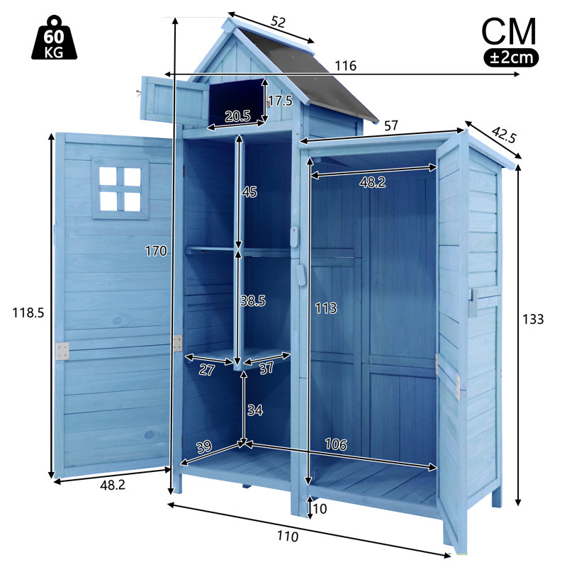 Outdoor Tall Garden Storage Cabinet Wooden Tool Shed With Pvc Roof, Blue