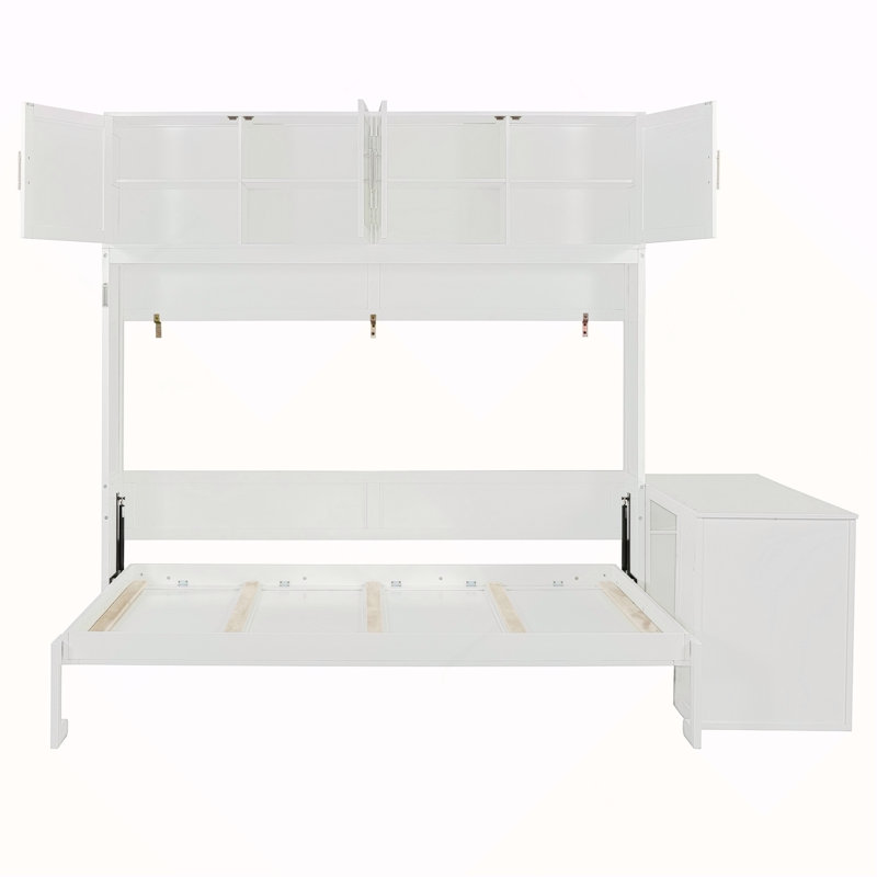 Grand lit escamotable mural avec bureau, tablettes de rangement et grands armoires, blanc