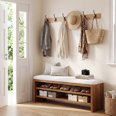 Banc d'entrée rembourré de 142 cm (56 po), banc de rangement à chaussures à 2 niveaux en bois massif pour salon, chambre, couloir, brun