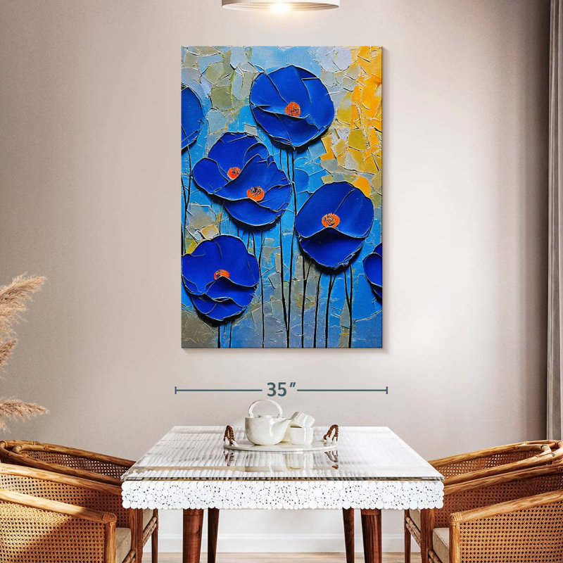 Coquelicots Harnek - Fresque moderne craquelée bleue, H 51 po x l 34 po