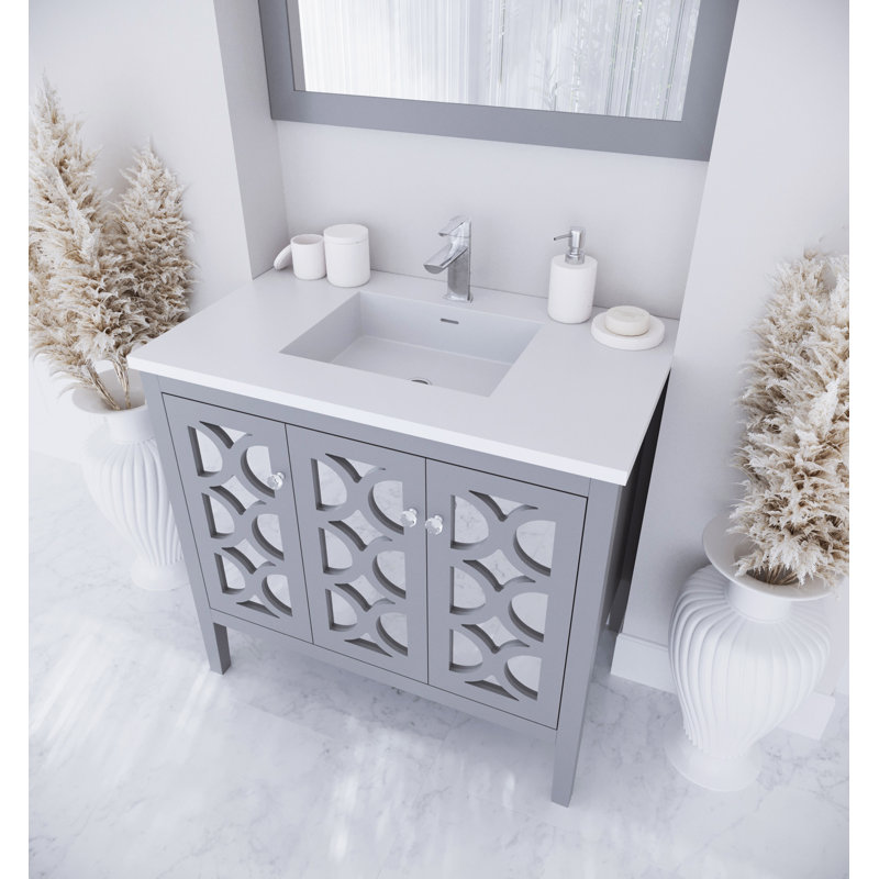 Caballero 36'' Single Bathroom Vanity with Stone Top, Gray, Matte White