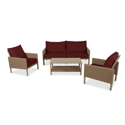 4‑Piece Wicker Patio Conversation Set, Iron Frame Outdoor Furniture Set with Cushioned Back & Seat Cushions, 4 Colors for Backyard Patio Garden