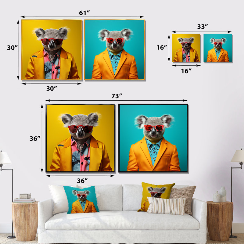Ensemble de 2 décorations murales jaunes Koala I - Koala, Cadre flottant blanc, H 36 po x l 73 po x P 1,5 po