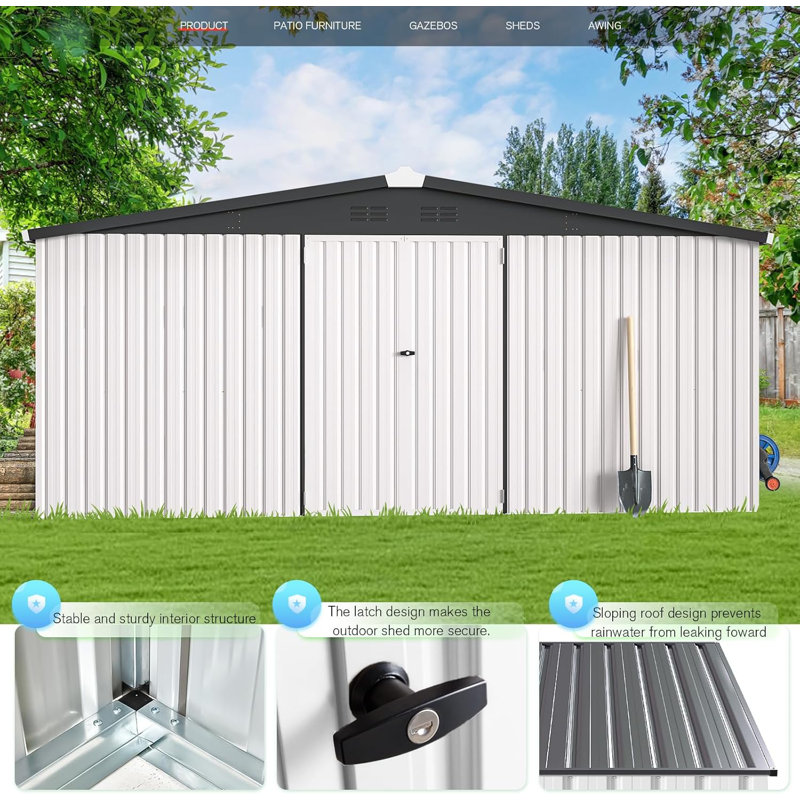 14' X 12' Shed Outdoor Metal Storage, White/Gray