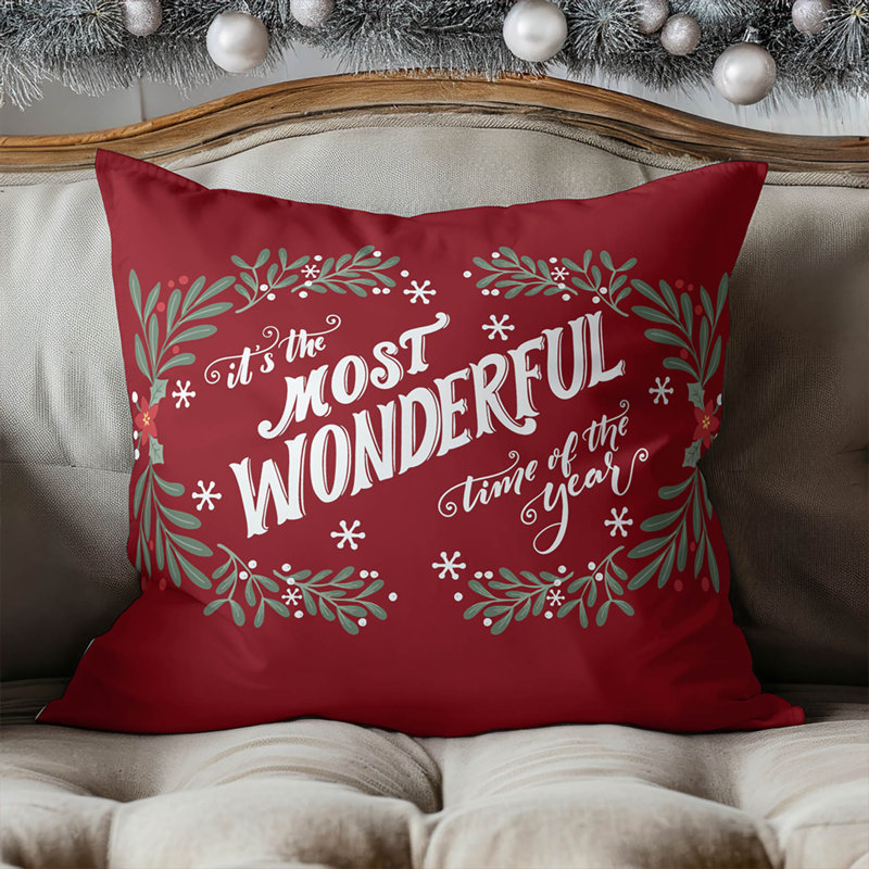 Coussin décoratif d'intérieur It's It's the Most Wondeful Time of the Year Seasonal, Motif floral rouge, Carré 16 po