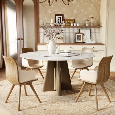 Amberly 47''/53''/59'' Curated Round Dining Table with Spinning Lazy Susan | Sculptural Architectural Solid Wood Pedestal