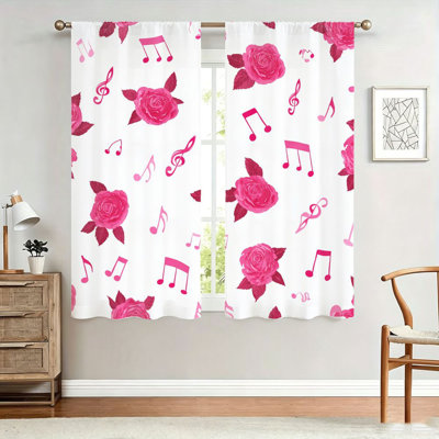 2Pcs Floral Music Notes Curtains, light filtering fabric, charming rose and treble clef print pattern, sunshade privacy protection, rod-pocket design, suitable for living room, bedroom, balcony, kitchen home decoration