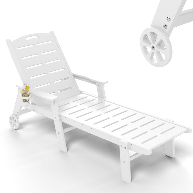 Chaise longue d'extérieur en PEHD - 5 positions réglables avec roues et porte-gobelet, Blanc