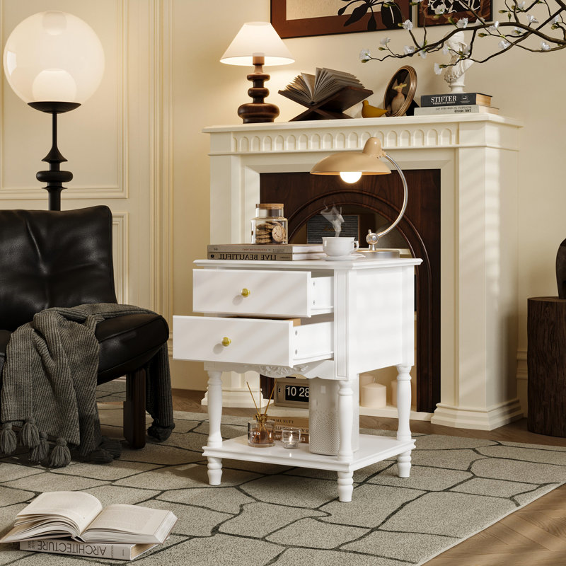 2-Drawer Nightstand With Open Shelf, Carved Floral Detail, And Turned Legs, White