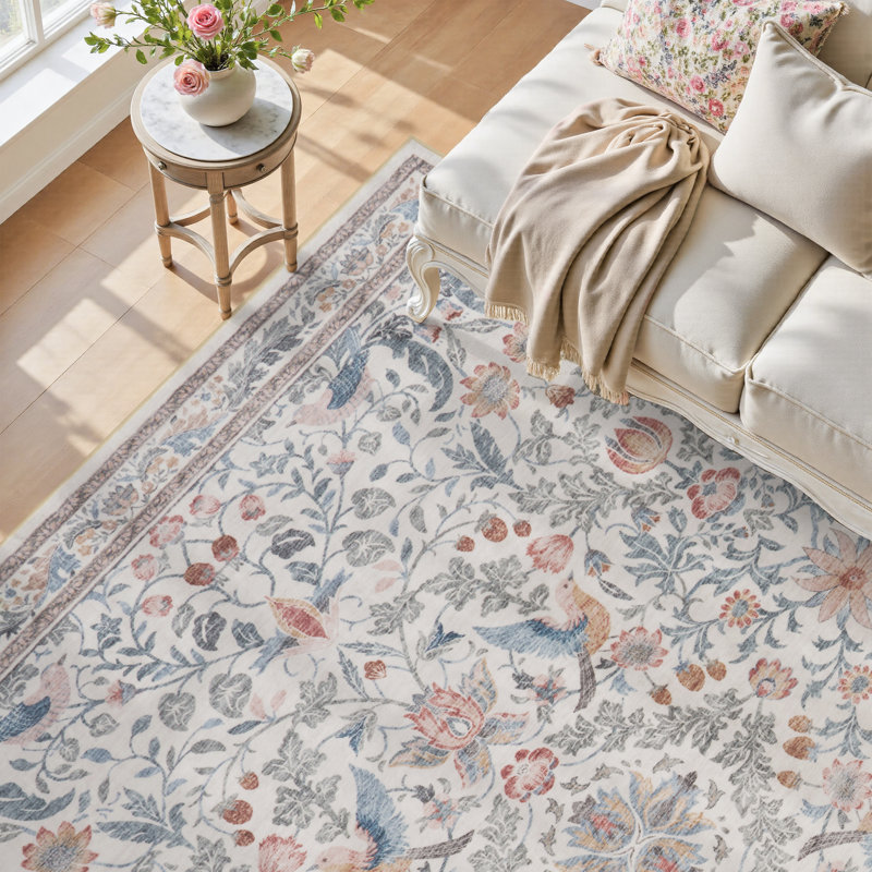 Tapis lavable antidérapant à motif floral beige doux pour le salon, la chambre à coucher, Rectangle 6 pi x 9 pi