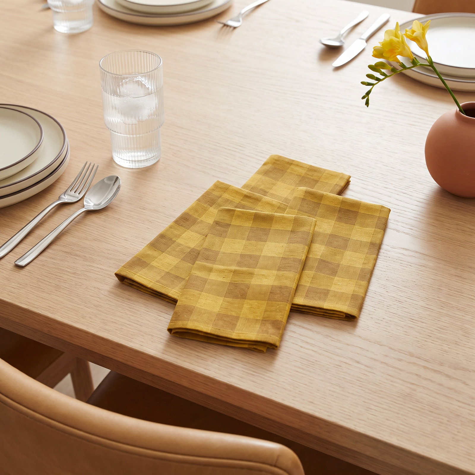 Essential Gingham Cotton Napkin, Mustard/Bronze
