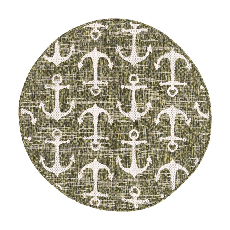 Tapis d'intérieur / extérieur en plastique tissé à la machine Glidden - vert / ivoire, Rond 3 pi 3 po