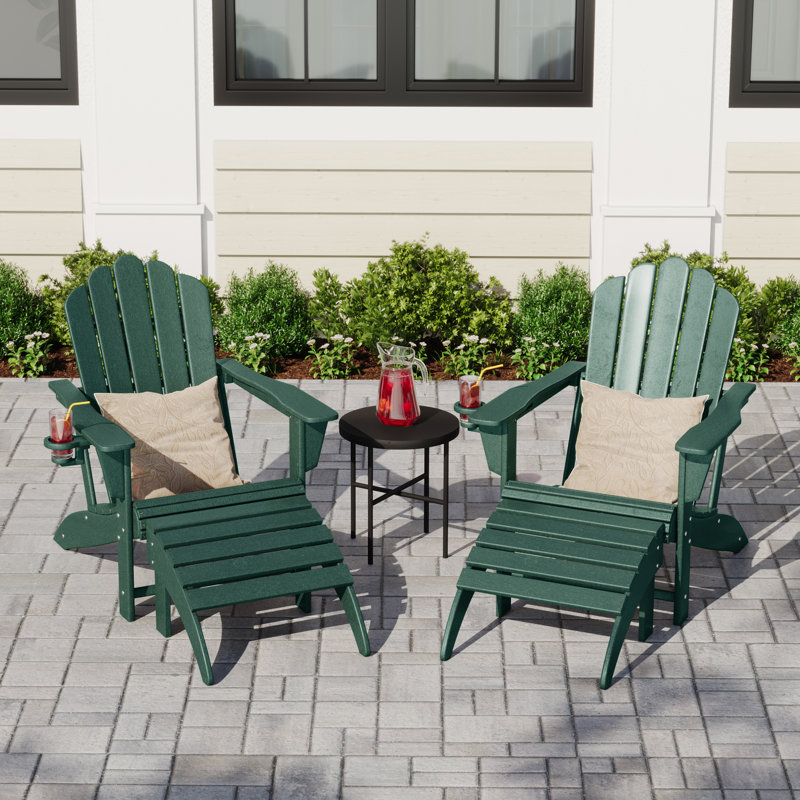 Outdoor Poly Adirondack Chair With Ottoman 4-Piece Set, Green
