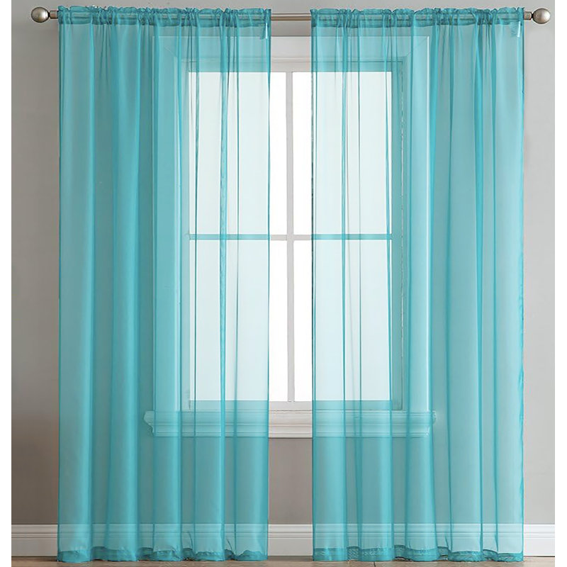Sheer Window Rod Pocket Curtain Set 84" Inches Long (2 Panels), Turquoise