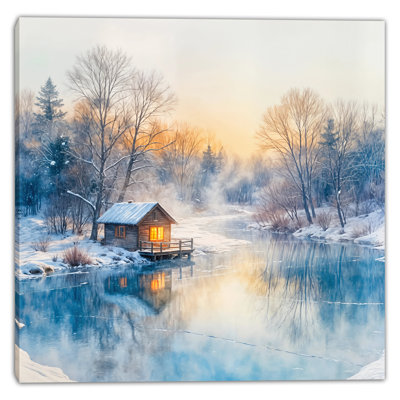 Winter Cabin Reflection Wrapped Canvas Wall Art