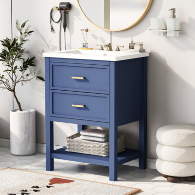 Meuble-lavabo moderne 24 po avec lavabo simple, 2 tiroirs, tiroir en forme de U, glissières de tiroir en métal lisse, épaisseur de rebord de lavabo de 1 po, trou de déversement de forme rectangulaire, armoire