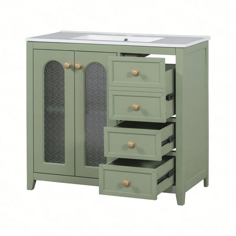 Meuble-lavabo de 36 pouces avec deux portes à fermeture douce, des tablettes réglables et trois tiroirs, Vert