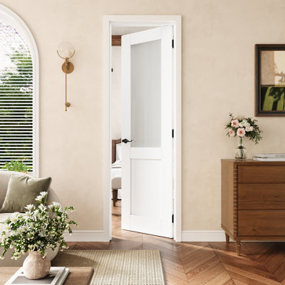 Porte pré-suspendue intérieure en verre givré 24 po x 80 po avec charnières noires, porte d'intimité en verre avec cadre, porte intérieure comme garde-manger, porte de chambre à coucher, porte de buanderie, portes de placard, portes de pièce, droite